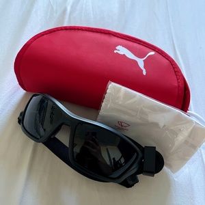 PUMA matte black polarized sunglasses with case, cloth, and strap (PU14701A)-NEW